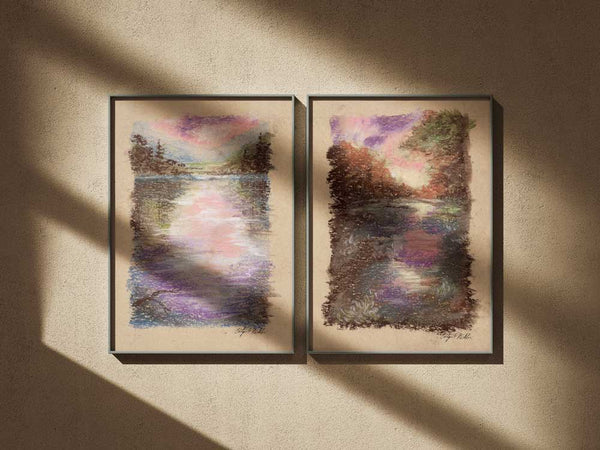Sunset On River Pastel Print